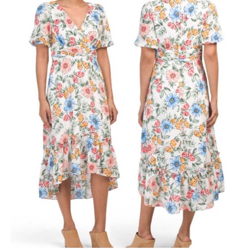 Donna Morgan Floral Bubble Sleeve Crepe High/Low Midi Dress size 8